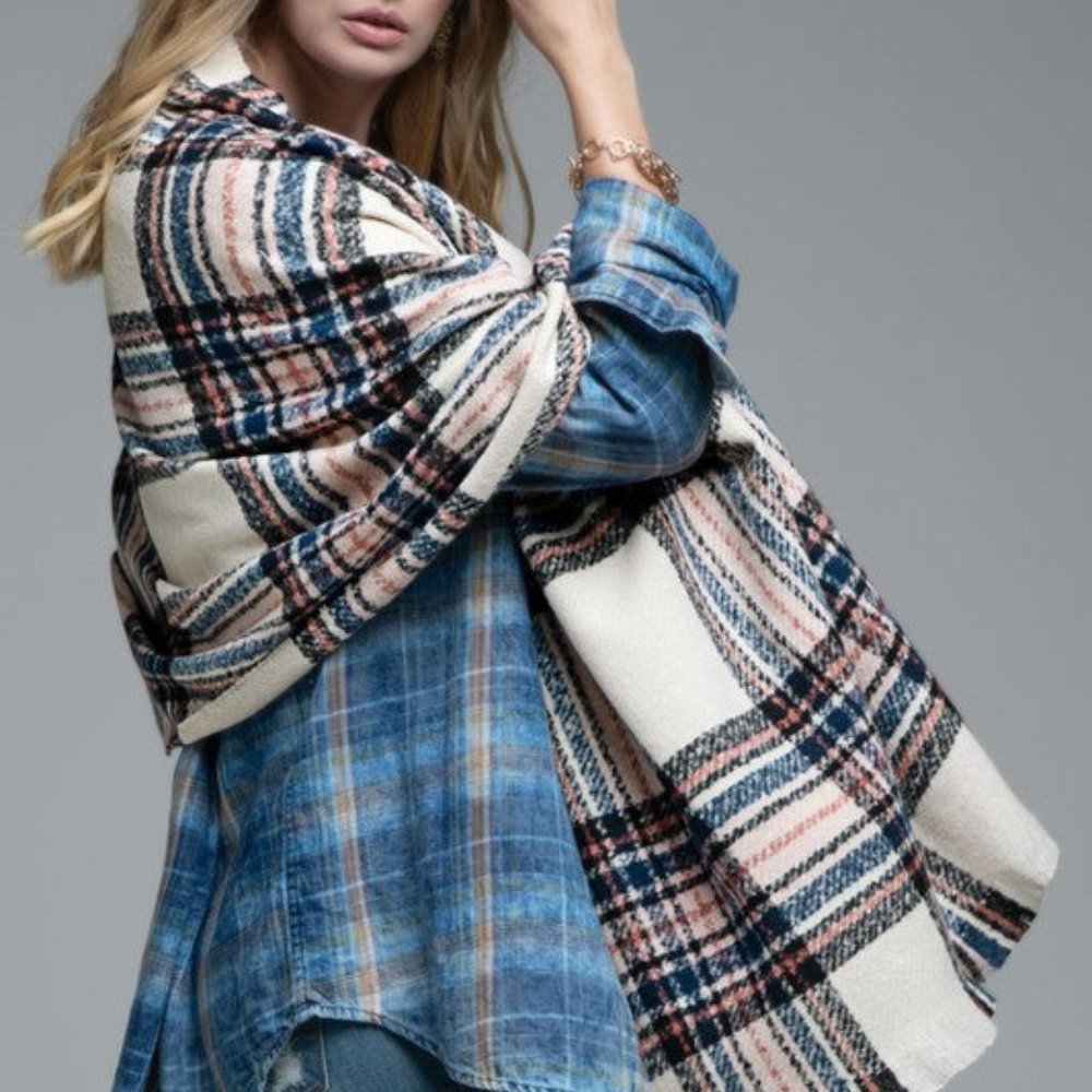 ⚡FINAL SALE! Ivory Plaid Boucle Blanket Scarf